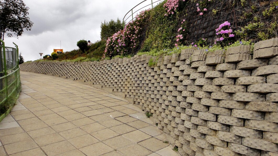 Curved block retaining wall beside a paved walk